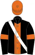 Black, orange stripe and armlets, white sash, orange cap