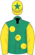Emerald green, large yellow spots and sleeves, yellow cap, green star