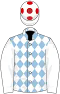 Light blue and white diamonds, white sleeves, white cap, red spots