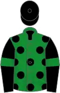 Green, black spots, black sleeves, green armlets, black cap
