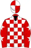Red and white check, white stars on sleeves, quartered cap