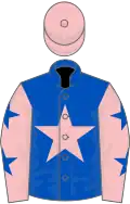 Royal blue, pink star, pink sleeves, blue stars, pink cap