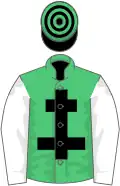 Emerald green, black cross of lorraine, white sleeves, black and emerald green hooped cap