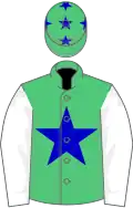 Emerald green, blue star, white sleeves, green cap, blue stars