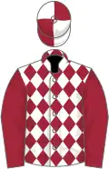 White, maroon diamonds, maroon sleeves, white cap, maroon quartered