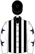 White and black stripes, white sleeves, dark blue stars, black cap