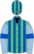 Emerald green and royal blue stripes, light blue sleeves, royal blue armlets