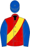 Red, yellow sash, royal blue sleeves and cap