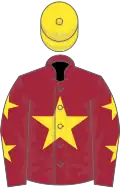 Maroon, yellow star, maroon sleeves, yellow stars, yellow cap