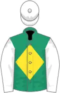 Emerald green, yellow diamond, white sleeves and cap