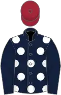 Dark blue, white spots on body, maroon cap
