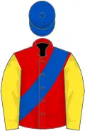 Red, royal blue sash, yellow sleeves, royal blue cap