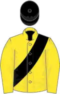Yellow, black sash, black cap