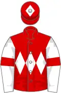 Red, white triple diamond, white sleeves, red armlets, red cap, white diamond