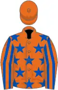 Orange, royal blue stars, striped sleeves, orange cap