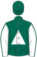 Dark green, white triangular panel, white sleeves, dark green seams, dark green cap