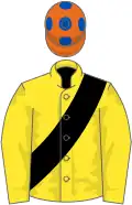 Yellow, black sash, orange cap, royal blue spots