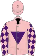 Pink, purple inverted triangle, purple diamonds on sleeves, pink cap