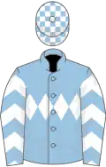 Light blue, white triple diamond, chevrons on sleeves, check cap