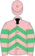 Pink, emerald green chevrons, hooped sleeves, pink cap