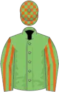 Light green, orange striped sleeves, check cap