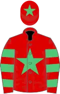 Red, emerald green star, hooped sleeves, red cap, emerald green star