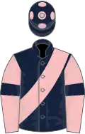 dark blue, pink sash, pink sleeves, dark blue armlets, dark blue cap with pink spots