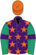 Purple, orange stars, emerald green sleeves, purple armlets, orange cap