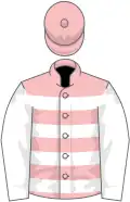 Pink and white hoops, white sleeves, pink cap