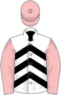 White and black chevrons, pink sleeves and cap