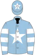 Light blue, white star, hooped sleeves, star on cap