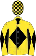 Yellow, black diamond, diabolo on sleeves, check cap