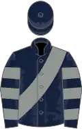 Dark blue, grey sash, hooped sleeves, blue cap