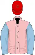 Pink, light blue sleeves, red cap