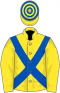 Yellow, royal blue cross sashes, hooped cap