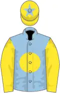 Light blue, yellow disc and sleeves, yellow cap, light blue star