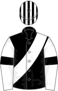 Black, white sash, white sleeves, black armlets, striped cap