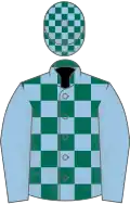Dark green and light blue check, light blue sleeves