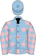 Light blue, pink stars, diamonds on sleeves