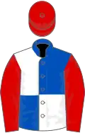 Royal blue and white (quartered), red sleeves and cap