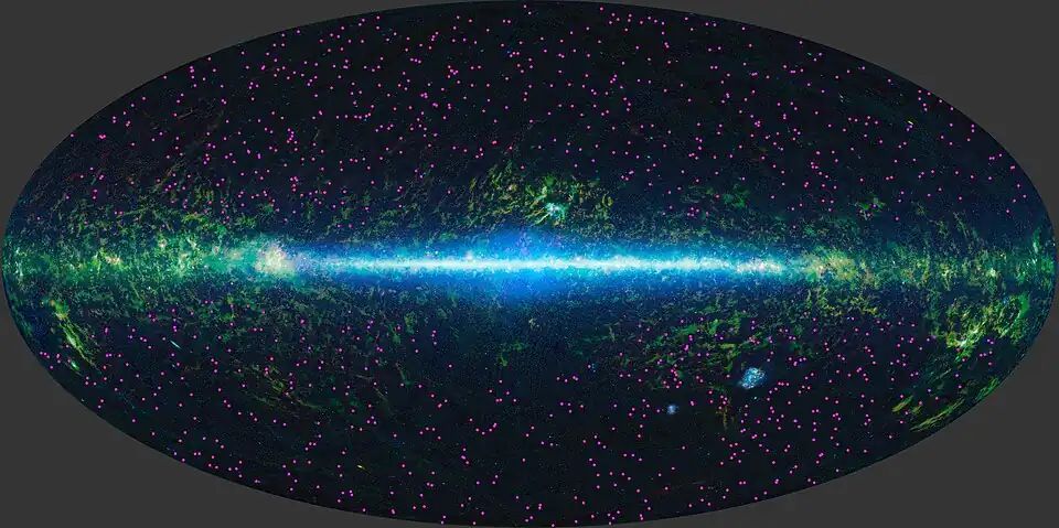 Same full-sky view, highlighting hot, dust-obscured galaxies