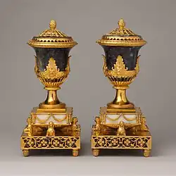 British Neoclassical pair of perfume burners; probably circa 1770; derbyshire spar, tortoiseshell, and wood, Carrara marble base, gilded brass mounts, gilded copper liner; 33 cm × 14.3 cm × 14.3 cm (13.0 in × 5.6 in × 5.6 in); Metropolitan Museum of Art