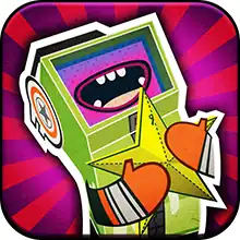 A green box shaped character with a large open mouth on a purple screen and orange arms hugs and 3D paper star.