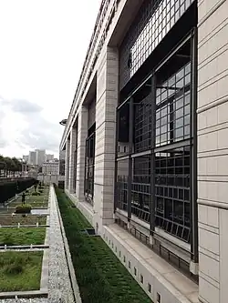 The moat and sculpture garden along the Colbert building.