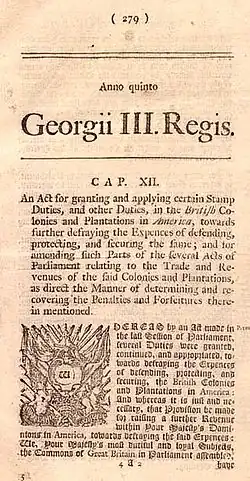 a newspaper announcing the 1765 Stamp Act