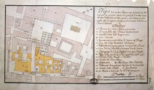 Plan of the Ducal palace before the Petitot project started. Buildings highlighted in yellow have been demolished to make room for the new design