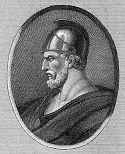 Black and white sketch of the left profile of a bearded man wearing robes and a helmet