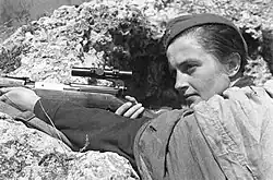 Lyudmila Pavlichenko, the most successful Soviet sniper with a weapon in a trench, 1942, Směna magazine, No. 12, 1942