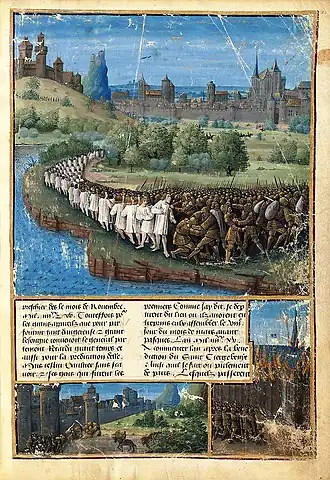 Lines of peasants and armies are shown in battle against the Seljuq Turks.
