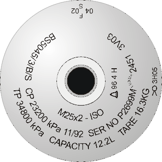 Diagram of a cylinder shoulder with stamp marking: M25x2 ISO BS5045/3/B/S CP 23200kPa 11/92 SER NO P2699M LUXUK 2451 3V03 TP 34800kPa CAPACITY 12.2L TARE 16.3 kg, and three hydrostatic test dates